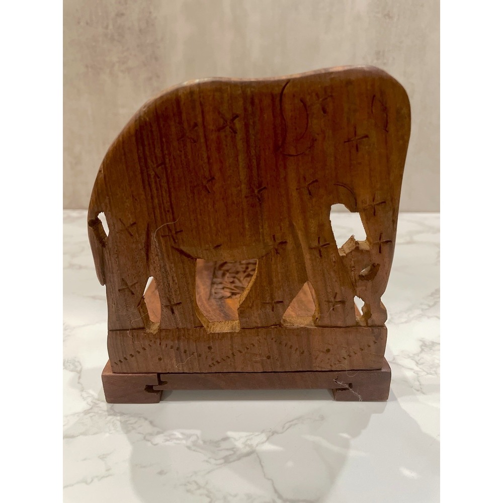 Vintage Wooden Carved Ornate Sliding Extending Expanding Bookend Elephant Floral